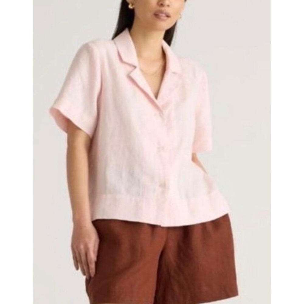 Quince Pale Pink European Linen Shirt Short Sleeve Collar Button Front Small